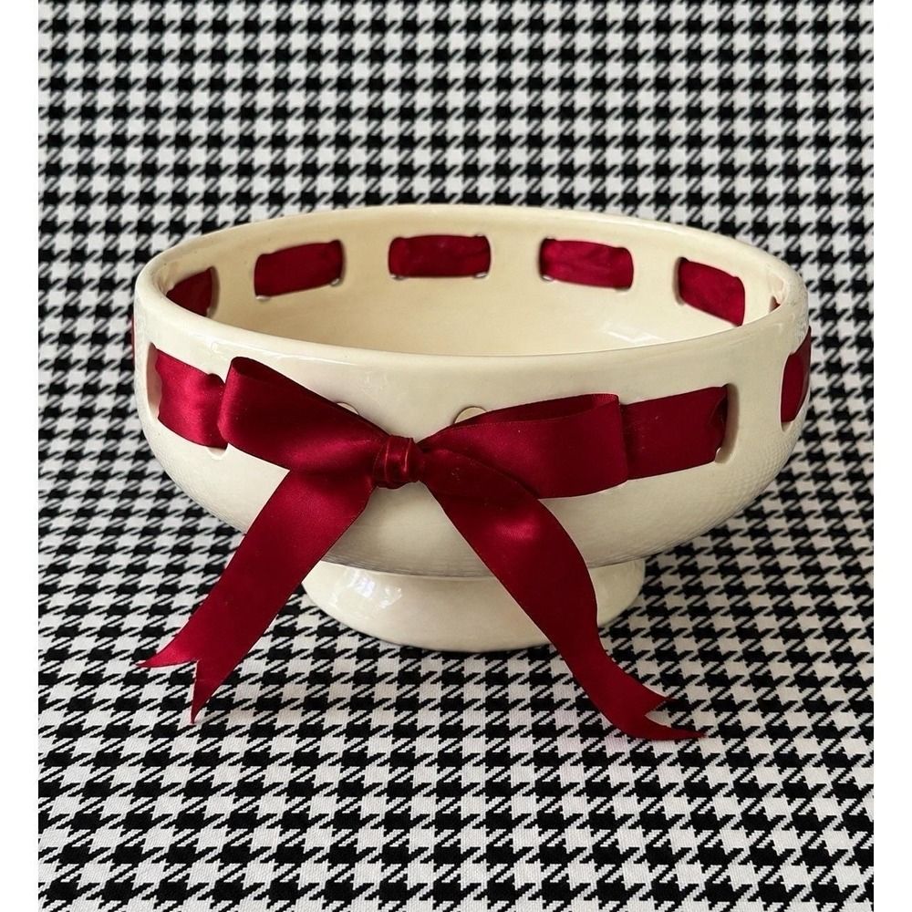 Statement Decor Red Ribbon Weaved Footed Cream Bowl Catchall Whimsy Boho Cottage